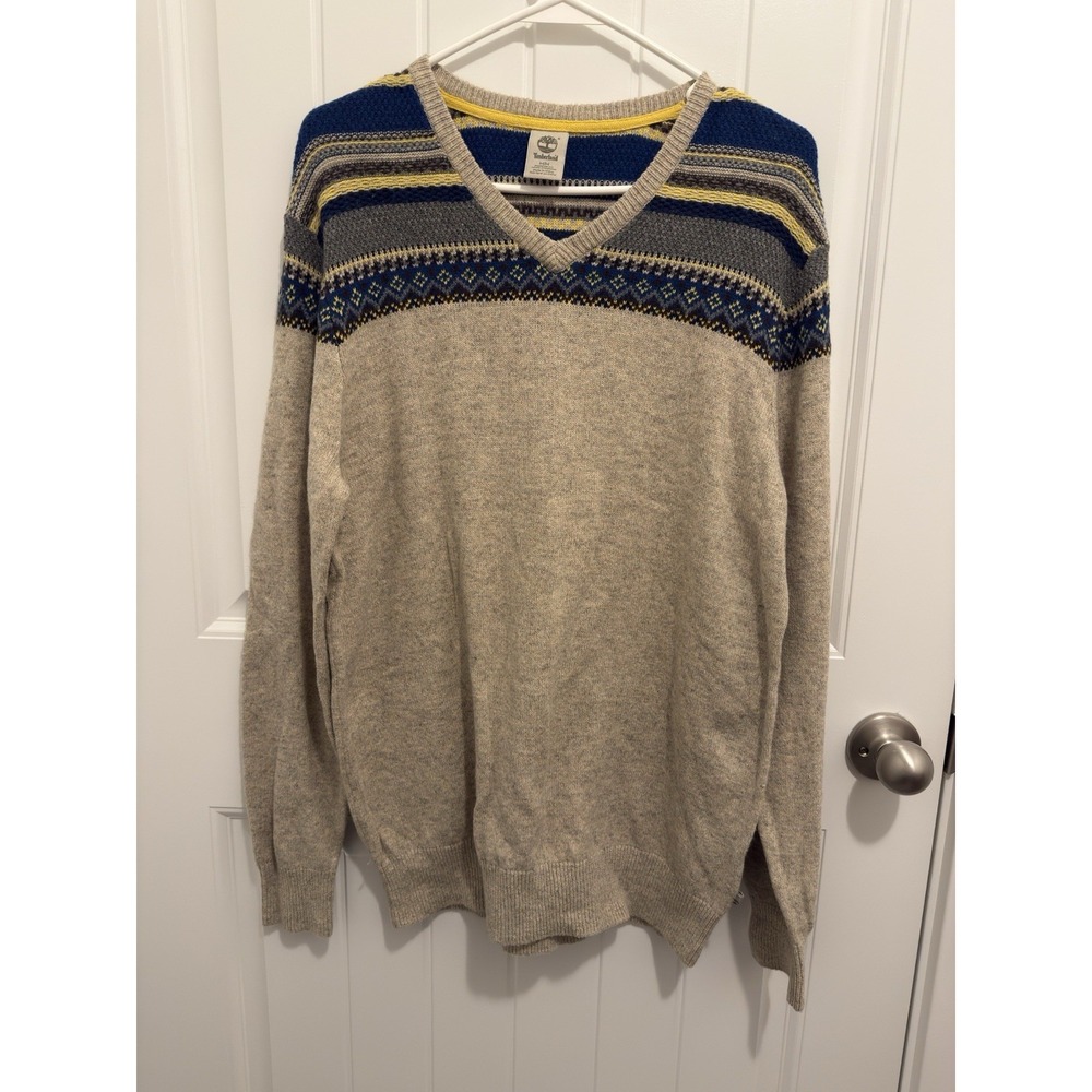 Timberland‎ Mens V-Neck Sweater Fair Isle Pattern Beige Blue Yellow Size M